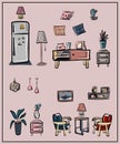 Painting with a set of isolated images of furniture and household items on a white background. Refrigerator, lamps, chandeliers, f